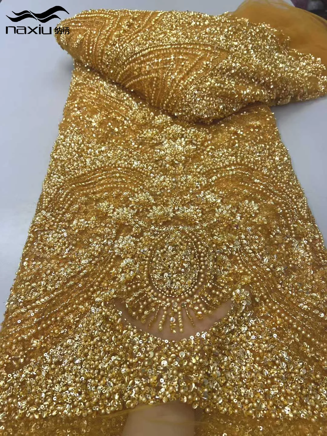 

Madison модная золотая французская сетчатая кружевная ткань с вышивкой и блестками, африканская нигерийская кружевная ткань для жениха для свадебного платья для женщин