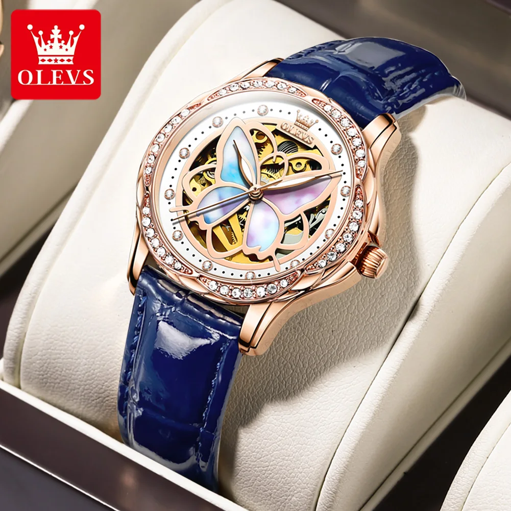 Olevs Fritillary butterfly Women's Mechanical Watches Ladies Ceramics Skeleton Wristwatch Female Automatic Tourbillon Watch 6615