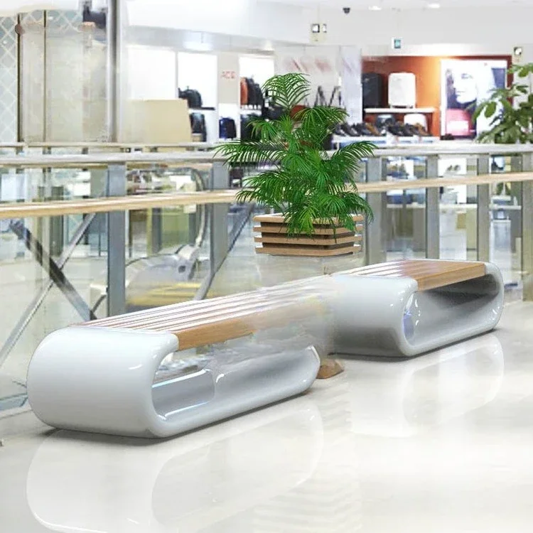 Assento de anel de imitação de grão de madeira FRP quadrado sobreposto vaso de flores assento de cinema shopping Meichen Park cadeira de descanso