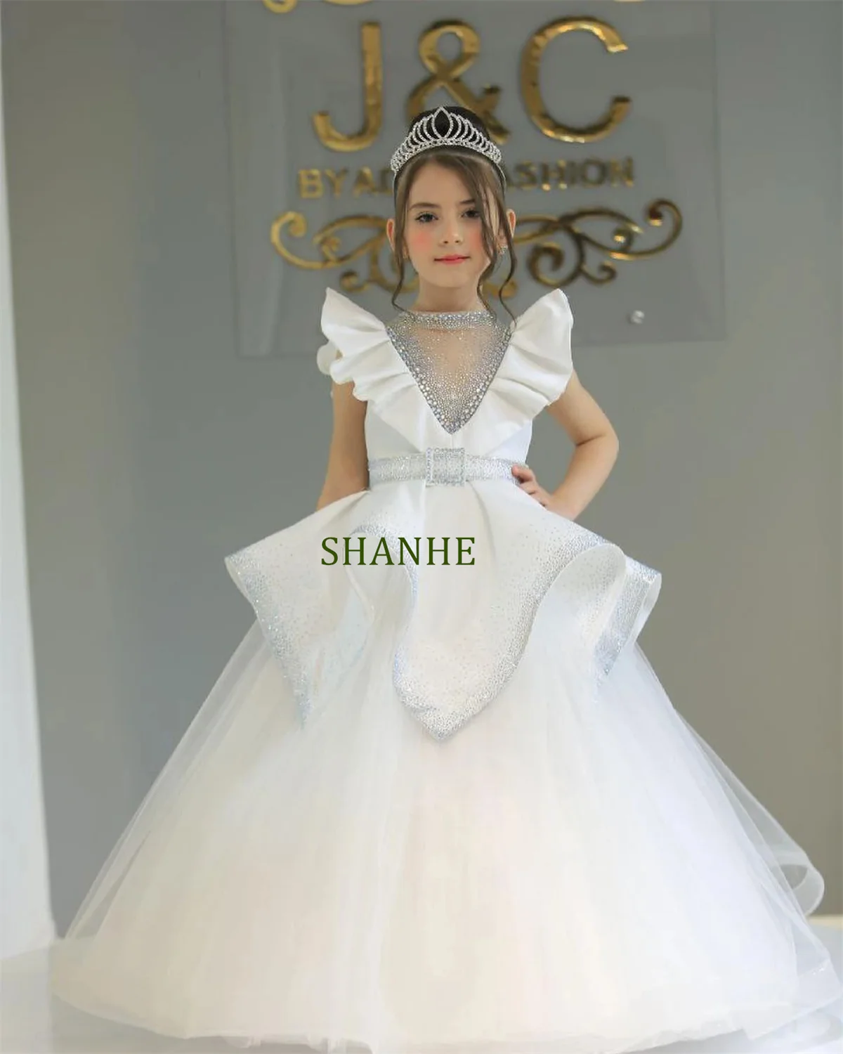 CustomizedFlower Girl Dress Illusion Beading Sparking Beads Stones High-neck Fly-sleeve Ball Gown Maxi Skirt for Toddler 1-14T