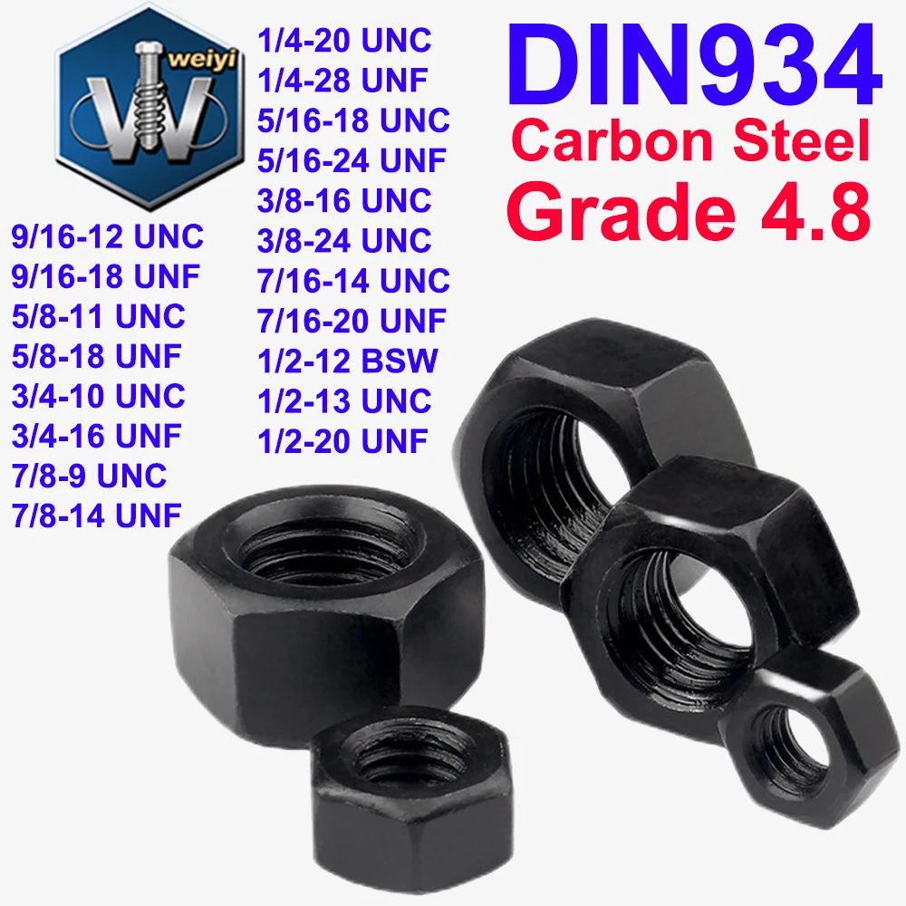 Weiyi DIN934 GB6170 UNC UNF BSW Thread 1/4 5/16 3/8 7/16 to 7/8'' Hexagon Nuts Grade 4.8 Carbon Steel Black Oxide