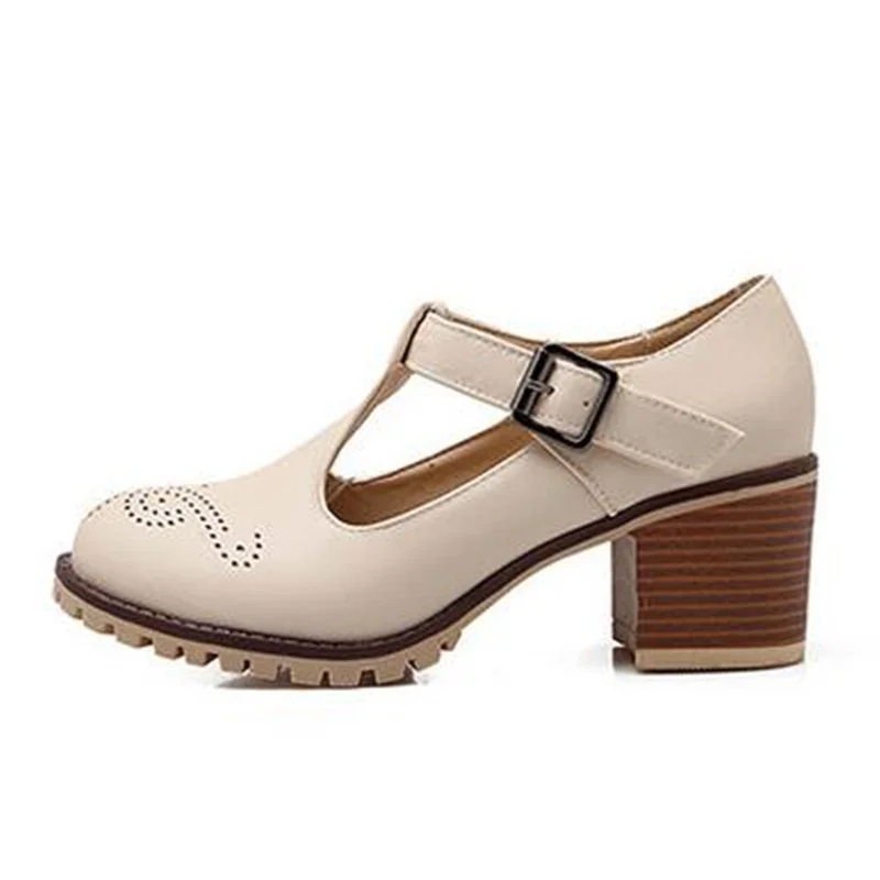 Buckle Strap Platform Pumps Shoes for Women T Strap Cutouts Round Toe Thick Sole High Heeled Spring Fall Winter Shoes