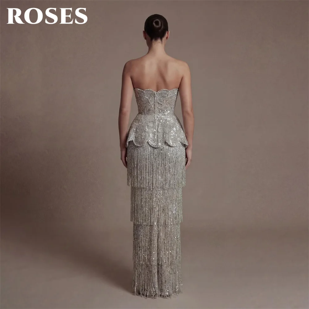 ROSES Sliver Prom Dress Strapless Sleeveless Celebrity Dress with Layered Tassel Women's Evening Dresses Formal Gown Customized image 2