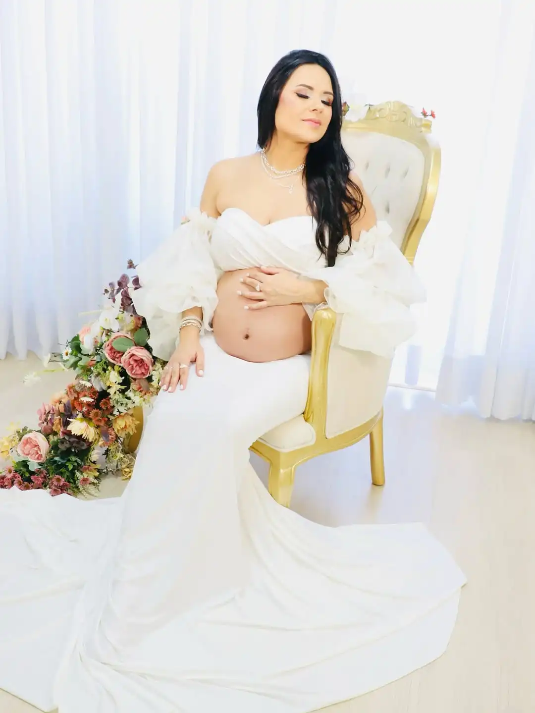 Jupe de maternité en satin blanc et haut court avec grandes manches à volants pour femmes enceintes, ensembles de 2 pièces confortables pour femmes enceintes