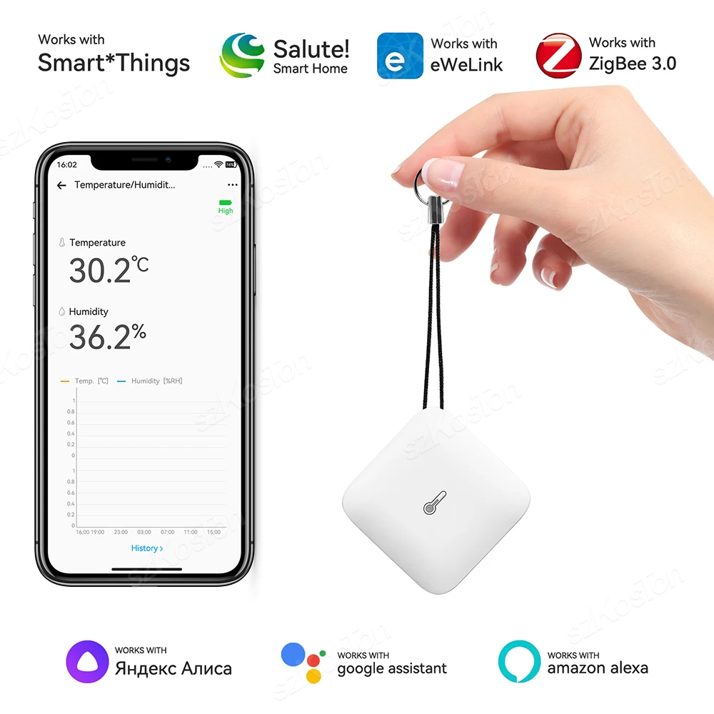 eWeLink APP smart home ZigBee Temperature and Humidity Sensor with Lanyard Indoor Hygrometer Thermometer Works with Alexa Google