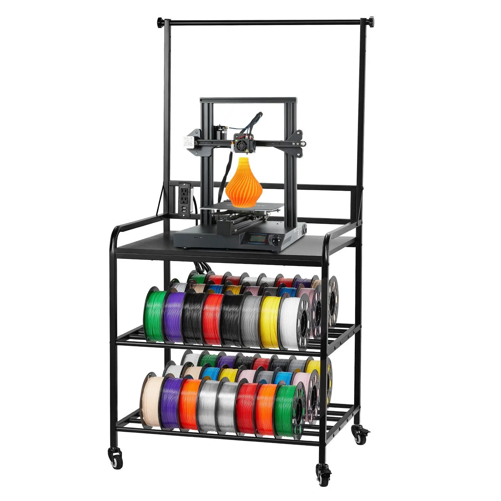Estante de almacenamiento para impresora 3D de 3 niveles con tomas de corriente, carrito de soporte para impresora 3D 2 en 1 con soporte de 60 carretes y ruedas giratorias