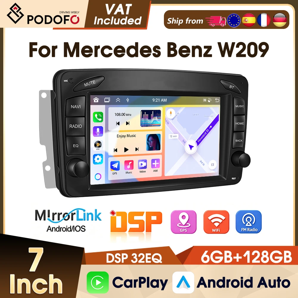 Podofo 7-Zoll-Autoradio mit Android-Player für Mercedes Benz/W209/W168/M/ML/W208/W463/Viano/W639/Vito 6+128G Intelligente Systeme WIFI GPS EQ FM RDS Autoradio