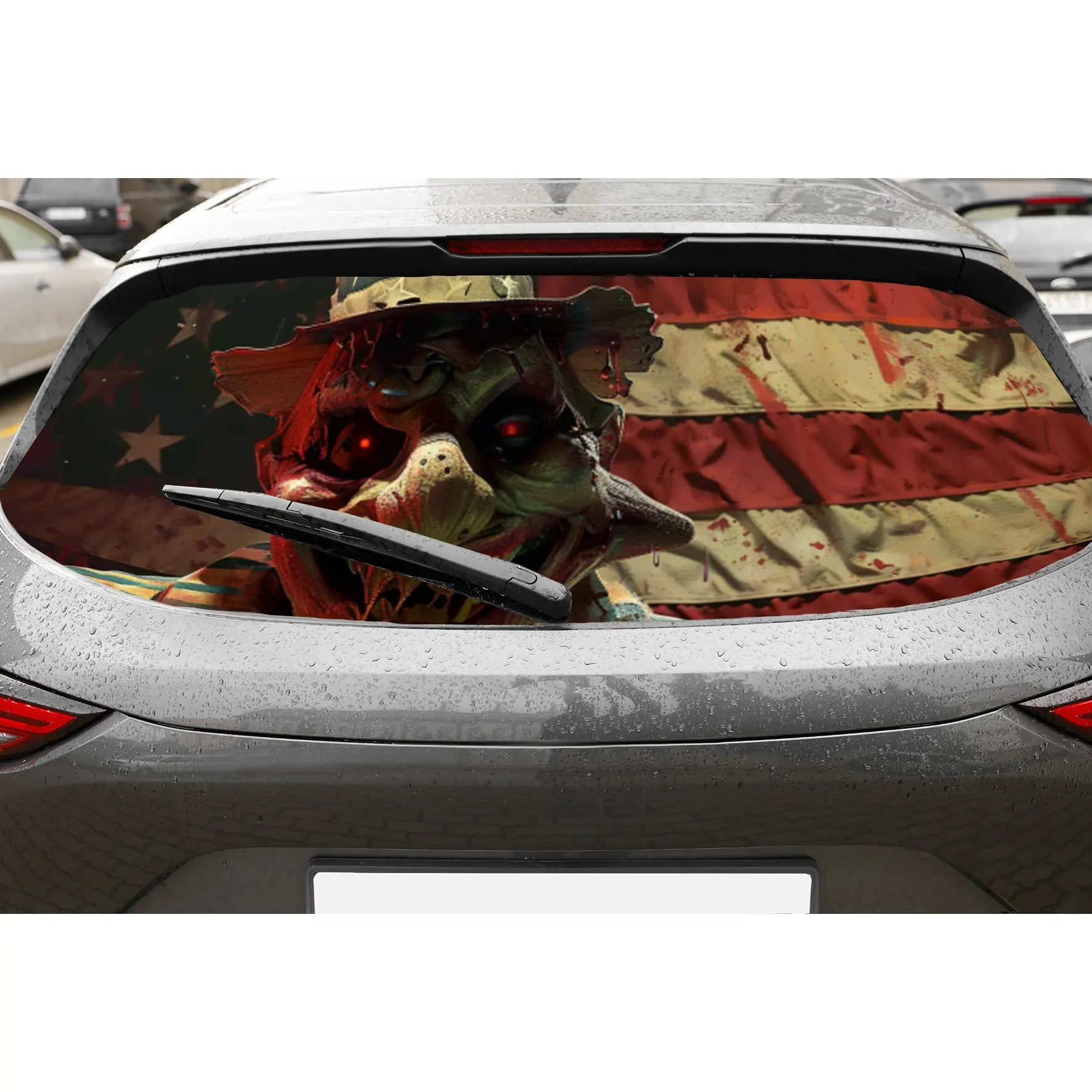 

Уродливый улыбающийся клоун с фоном американского флага, перфорированные автомобильные виниловые обертывания из ПВХ, улучшающий конфиденциальность дизайн для заднего окна, автомобиль R
