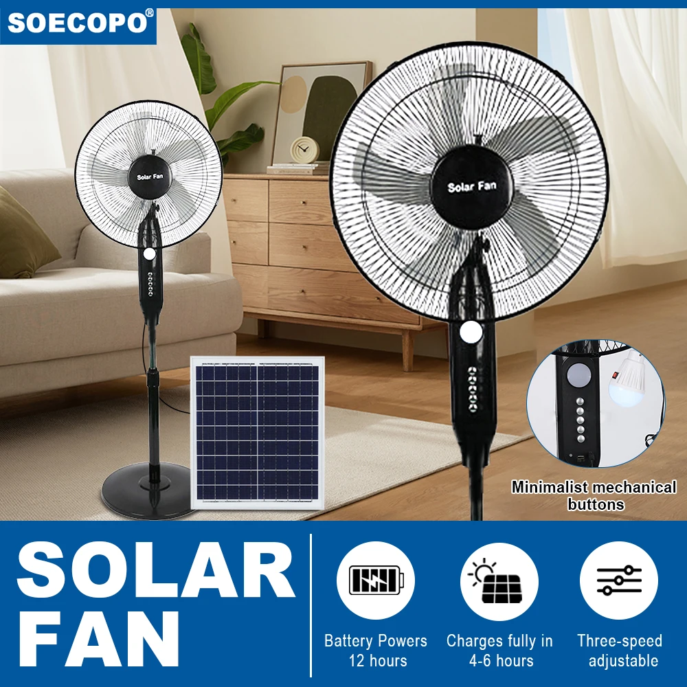 

Adjustable Rechargeable Solar Fan Portable with USB Port Night Light 10H Runtime Home Blackout Emergency Fan with Solar Panels