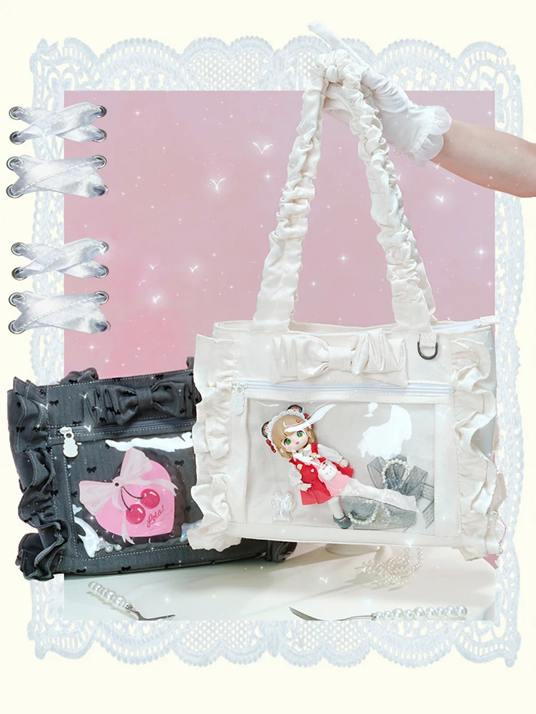 Original College Student's Sweet Kawaii White Large Capacity Itabag 2025 New Girl's Cute Bow Transparent Tote Bag Shoulder Bag