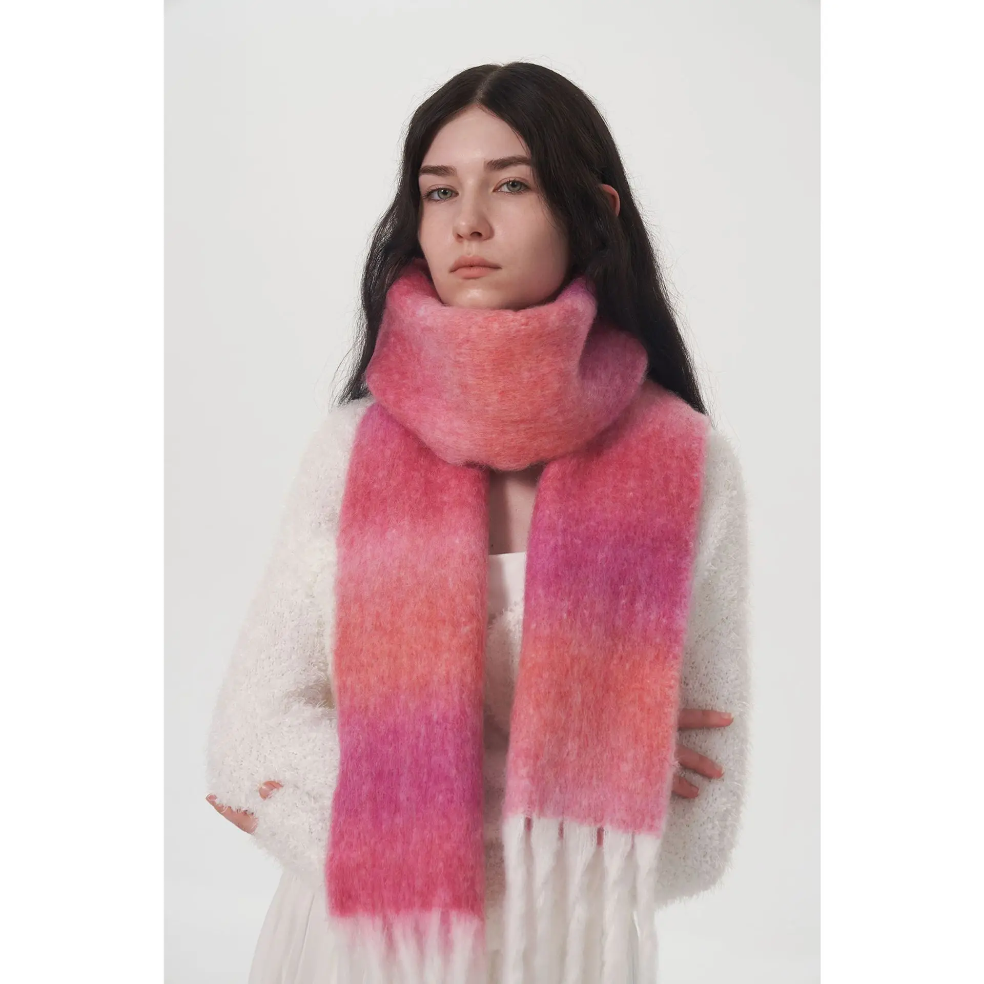 Design Light Luxury Models Scarves Gradient Color Wool Scarf Women Winter New Striped Fringed Mohair Warm Long Muffler 221CM