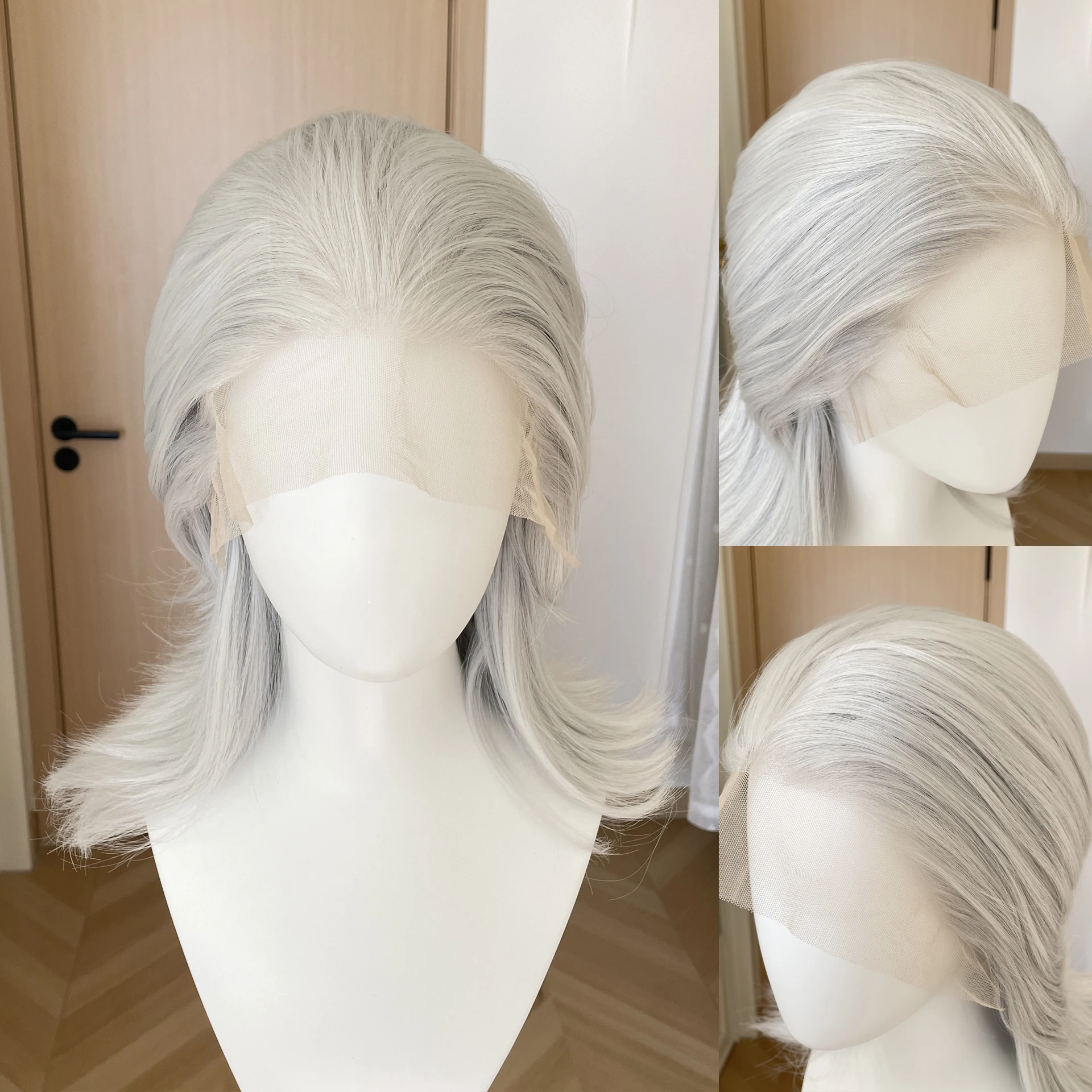 

Sliver Gray Cosplay Shoulder Length Mullet Synthetic Wigs for Women 13x4 Lace Front Wigs Grey Layers Ponytails Glueless Fashion