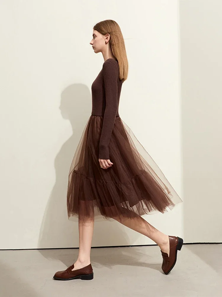 Amii minimalista vestido feminino 2025 primavera novo francês vintage gola quadrada retalhos malha falso duas a linha vestidos femininos 12324040