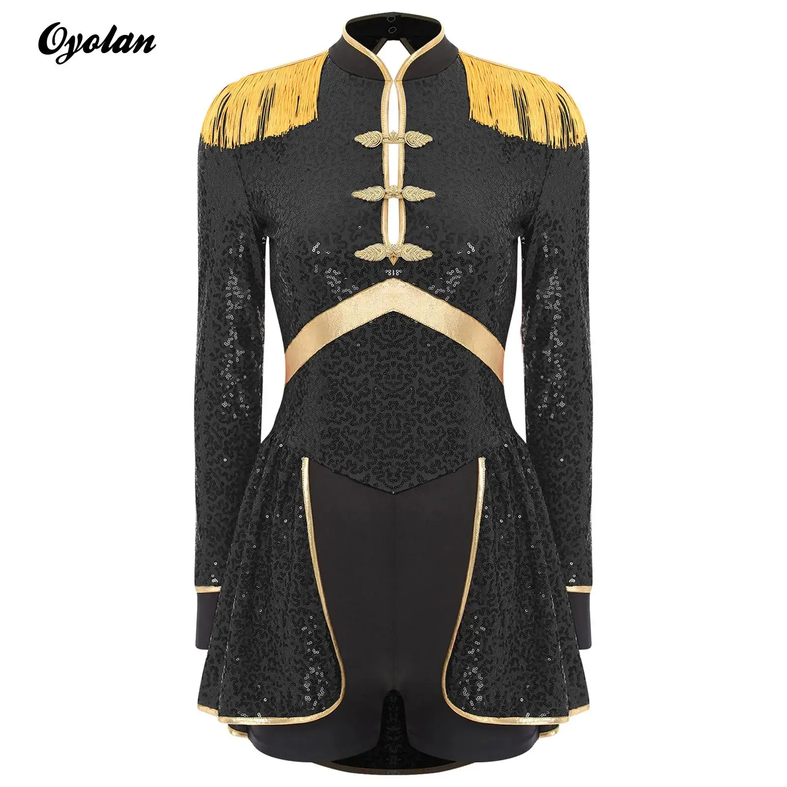 

Womens Circus Ringmaster Magician Drummer Lion Tamer Cosplay Costume Fringe Epaulet Sequins Drum Band Circus Director Bodysuit