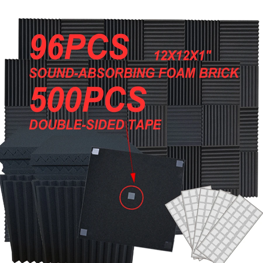 

96 кусков черного звукоизоляционного хлопка, включая 510 кусков двусторонней клейкой ленты, подходящей для звукопоглощения.