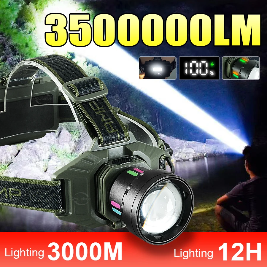

Мощный налобный фонарь 3500000LM, сильный свет, светодиодный фонарь, USB аккумуляторная лампа, ультра яркий уличный фонарь для рыбалки для кемпинга