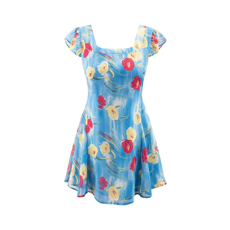 

Женское летнее платье YENKYE во французском стиле с квадратным вырезом и принтом, короткое, А-силуэта, шикарное, для отдыха