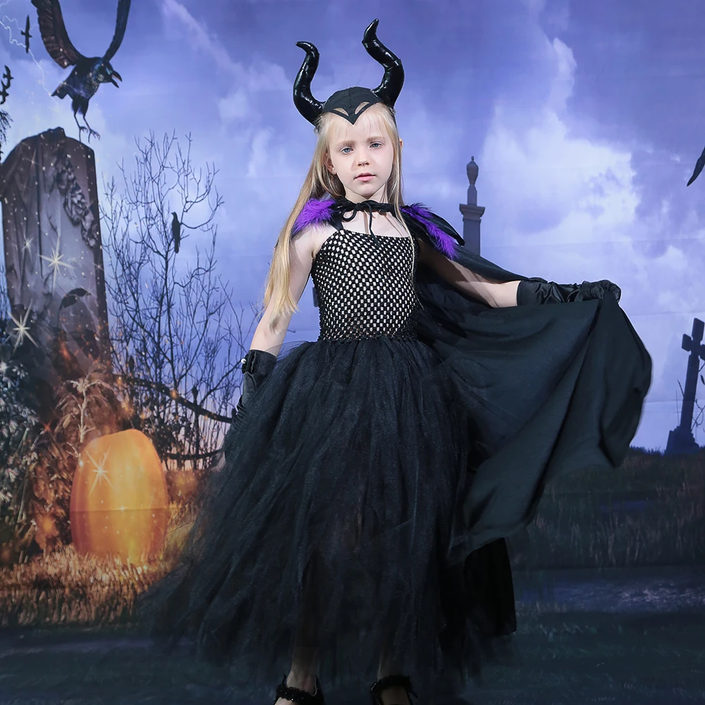 Black Dress for Girls Halloween Costume Evil Witch Kids Cosplay Costume Children Carnival Gown Girl Tutu Dress with Cloak