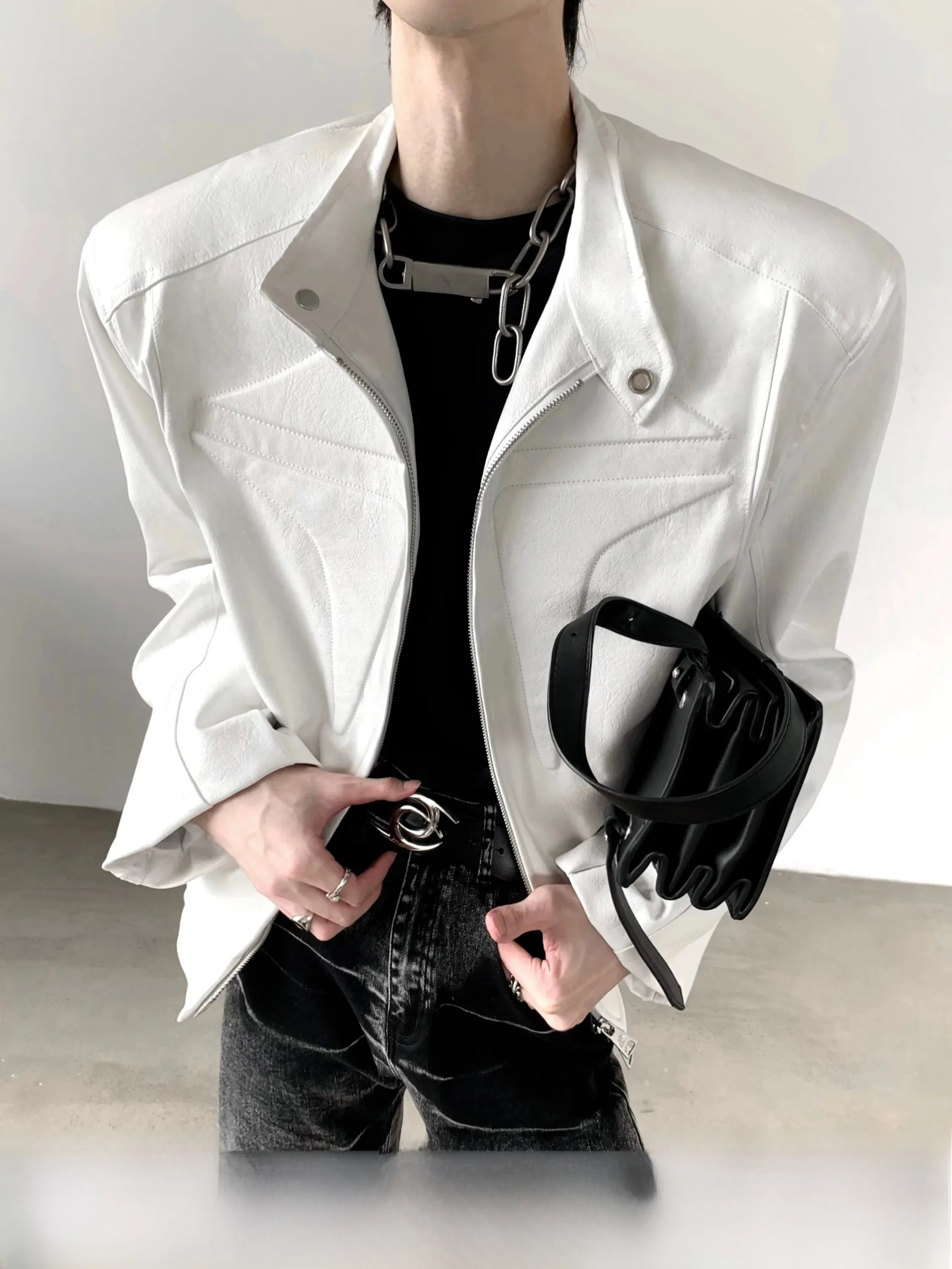 Autumn Mountain Wind Heavy Industry Deconstructed Design Shoulder Padded Men's Leather Jacket Retro Motorcycle Jacket Casual ...