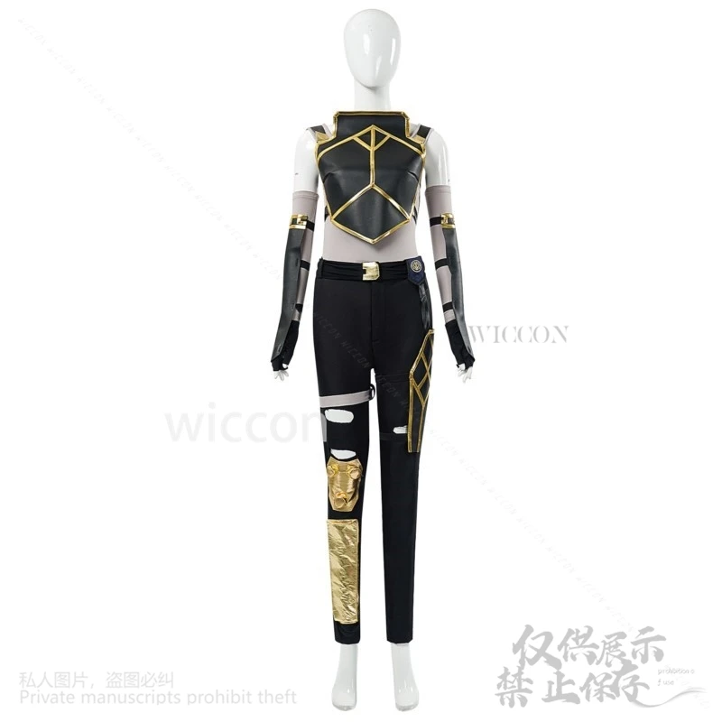 Anime Arcane 2 게임 LOL 코스프레 여성 Vi 블랙 PU 가죽 바지 탑 유니폼 핑크 가발 여성용 할로윈 Cos 맞춤형