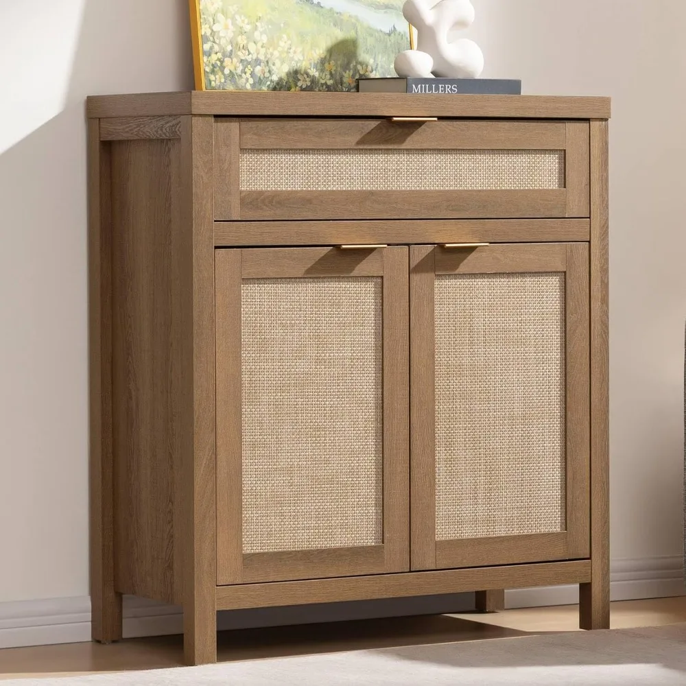 Buffet Sideboard with Storage, Rattan Decorative Cabinet with Doors and Drawers, Bohemian Style Farmhouse Buffet Table