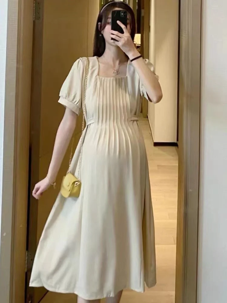 

Maternity Summer Short-sleeved Chiffon Dress Short Sleeve Square Collar Pregnant Woman A-Line Dress Office Lady Elegant Clothes