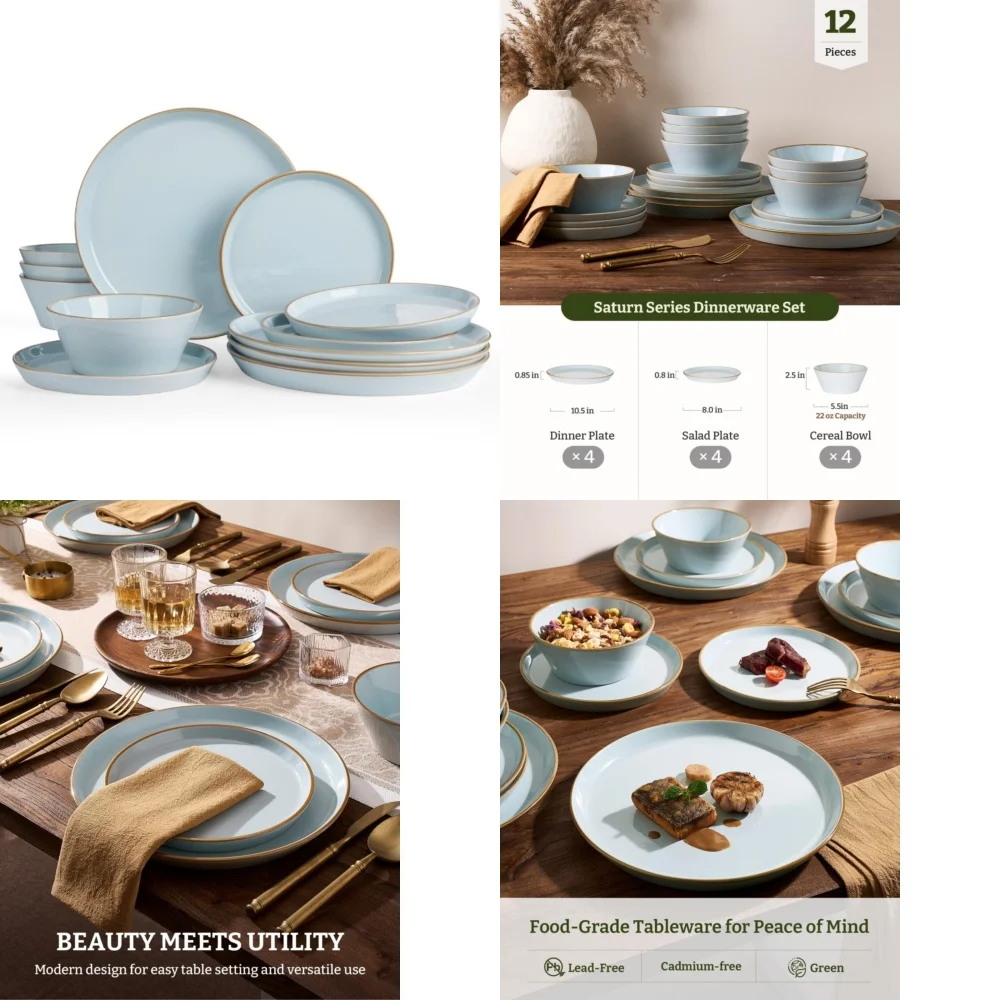 

Набор керамической посуды Наборы столовой посуды на 4 12-х предметных каменных тарелок и мисок Современный стиль Прочная керамическая посуда Идеально подходит