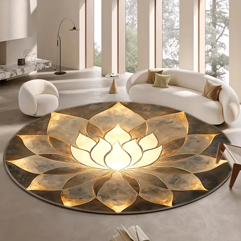 Round Golden Lotus Meditation Area Rug, Zen Mandala Yoga Floor Mat, Unique Spiritual Home Decor Including Non-Slip Backing