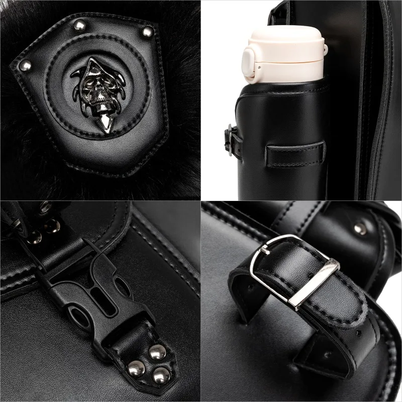 Vintage Gothic 1 Pair Motorcycle Side Saddlebags with Cross Skull & Spiked Rivets, PU Leather Saddle Bags with Cup Holder