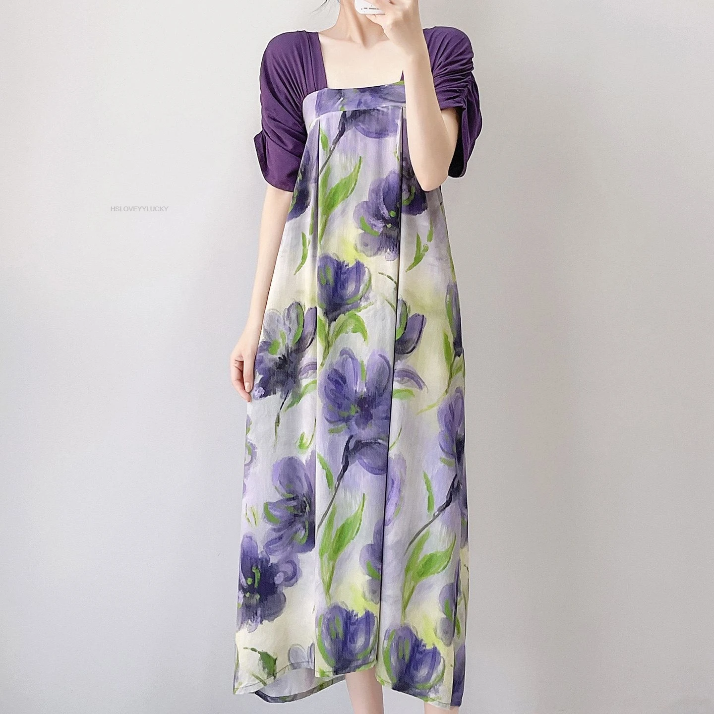 Oriental Floral Women's Square Neck Short Sleeve Summer Thin mid-length Sleep Dress Outside Home Robe Modified Hanfu Dress