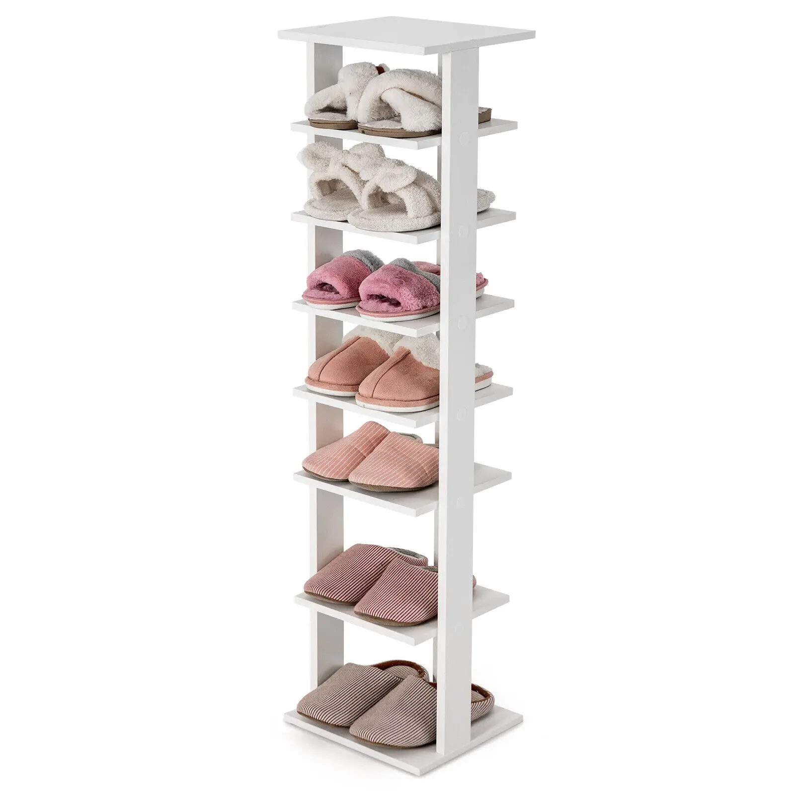 Costway 7-Tier Wooden Shoe Rack Narrow Vertical Shoe Stand Storage Display Shelf White