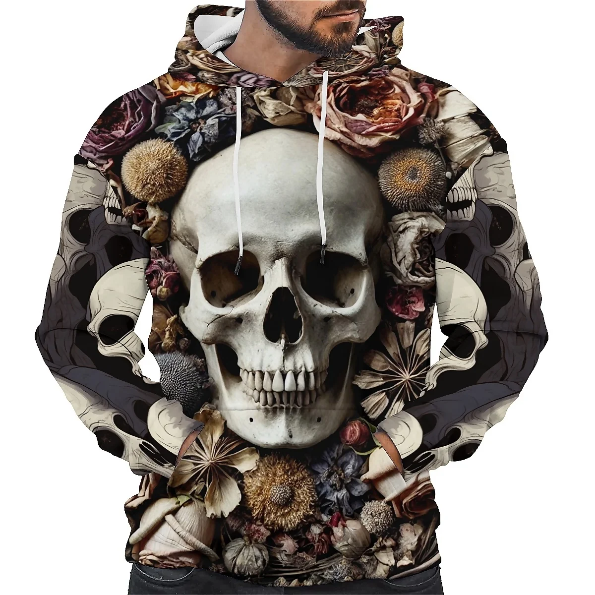 

SONSPEE Unisex hoodie for autumn with long sleeves and a 3D printed terrifying skull. Adds a bold touch to street fashion.