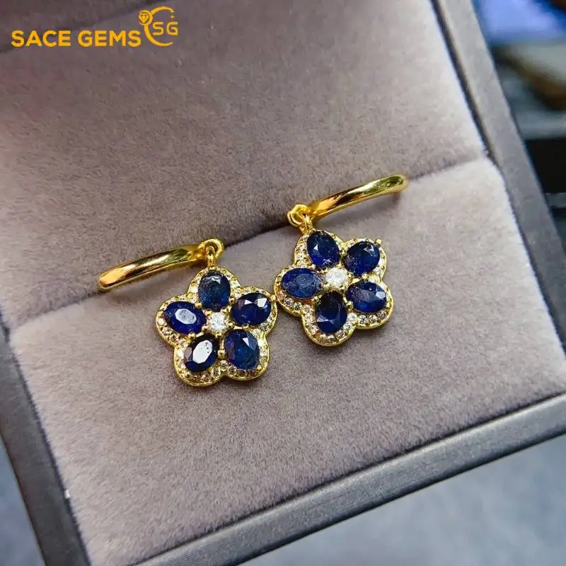 

SACE GEMS Fashion Ear Clip for Women 925 Sterling Silver 3*4MM Natural Sapphire Stud Earrings Wedding Party Fine Jewelry Gift