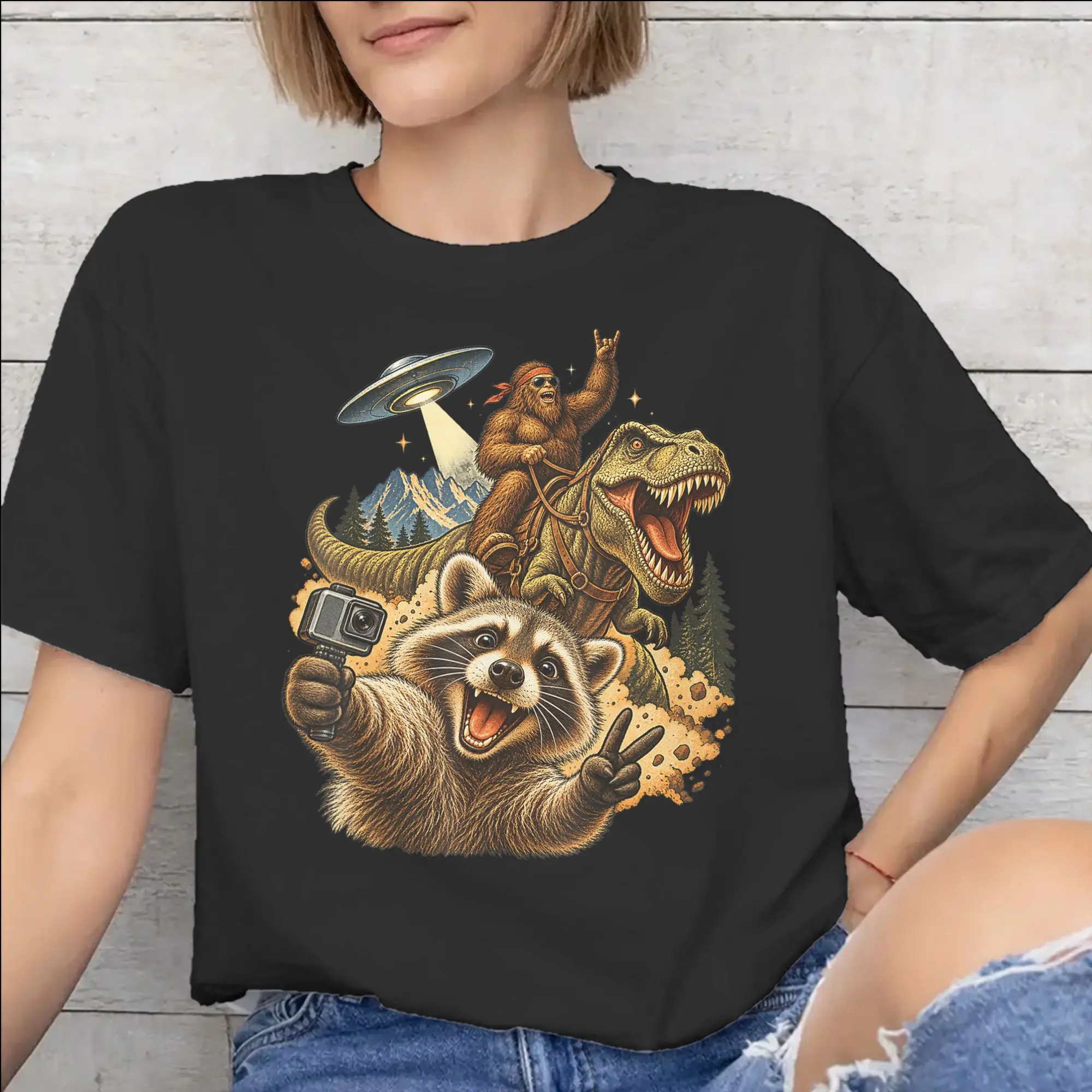 New Arrival Funny Bigfoot Ride Dinosaur Raccoon T Shirt For Unisex  Cotton T-shirts Short Sleeve Tops