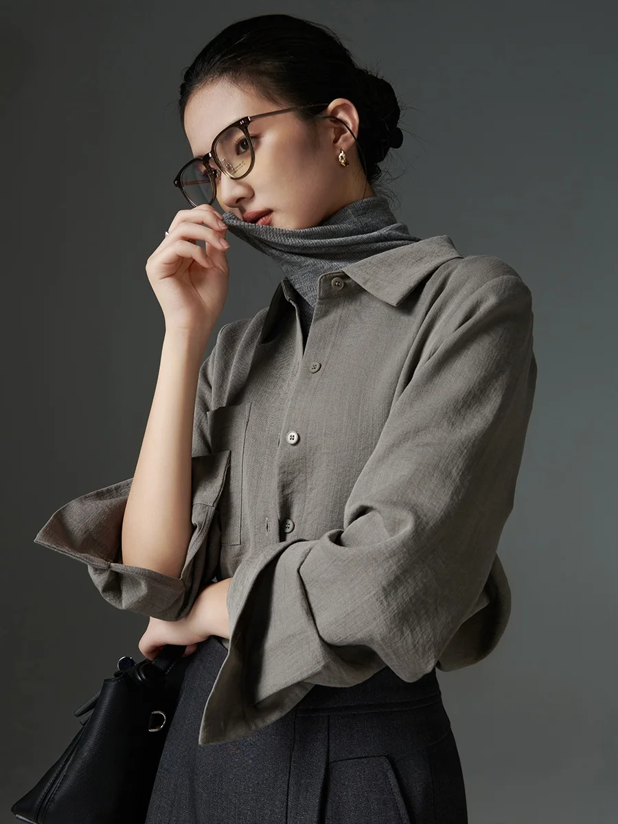 

Kiki ey Texture ket irt Women's Spring New Sle Long Sve Flip Collar Regular Length Pure Color Commute Faion