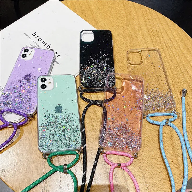 

Glitter Sequins Gradient Clear Necklace Strap Lanyard Phone Case For iPhone 15 13 14 Pro Max 12 11 7 8Plus XR XS X SE Soft Cover