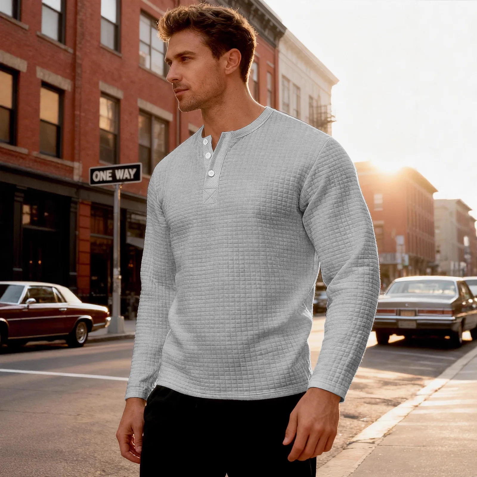 เสื้อเชิ้ตเฮนรี่ผ้าแจ็คการ์ดเนื้อหนาทรงหลวมสไตล์เรโทรแขนยาวสำหรับผู้ชาย คอลเลคชั่นใหม่ฤดูใบไม้ร่วงและฤดูหนาวข้ามพรมแดน