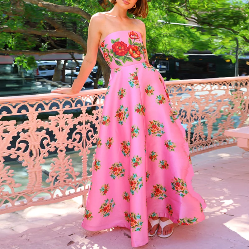 

BKLD Satin Floral Printing Strapless Sexy Dress Women's Elegant Backless High Waist A-line Long Robe 2025 Summer New Party Gowns