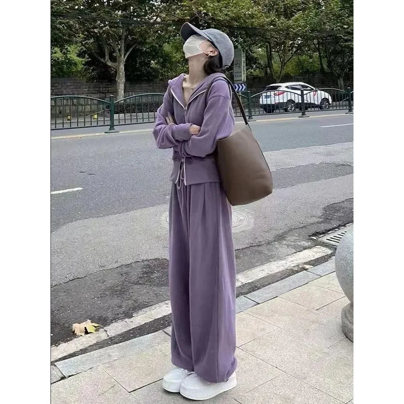 

Осенний модный повседневный свободный укороченный комплект с худи для женщин, состоящий из двух предметов, в корейском стиле, для студентов, спортивная одежда из полиэфирного волокна