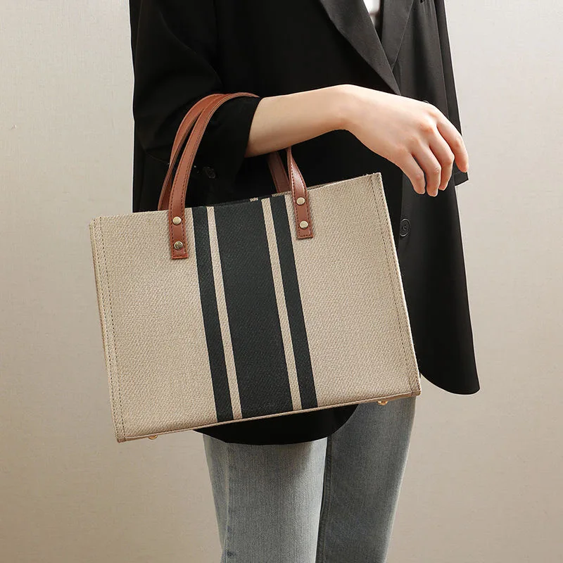 

Large Canvas Bag For Women 2023 New Luxury Handbags Vintage Striped Tote Bag Female Portable OL Business Briefcase Korean Style