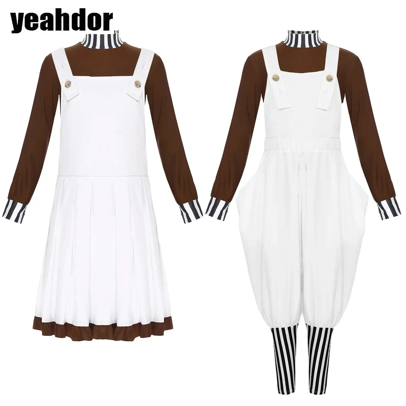 

Chocolate Factory Worker Uniform for Boys Girls Long Sleeves Shirt Top And Overall Dress Set Halloween Cosplay Chocolate Factory