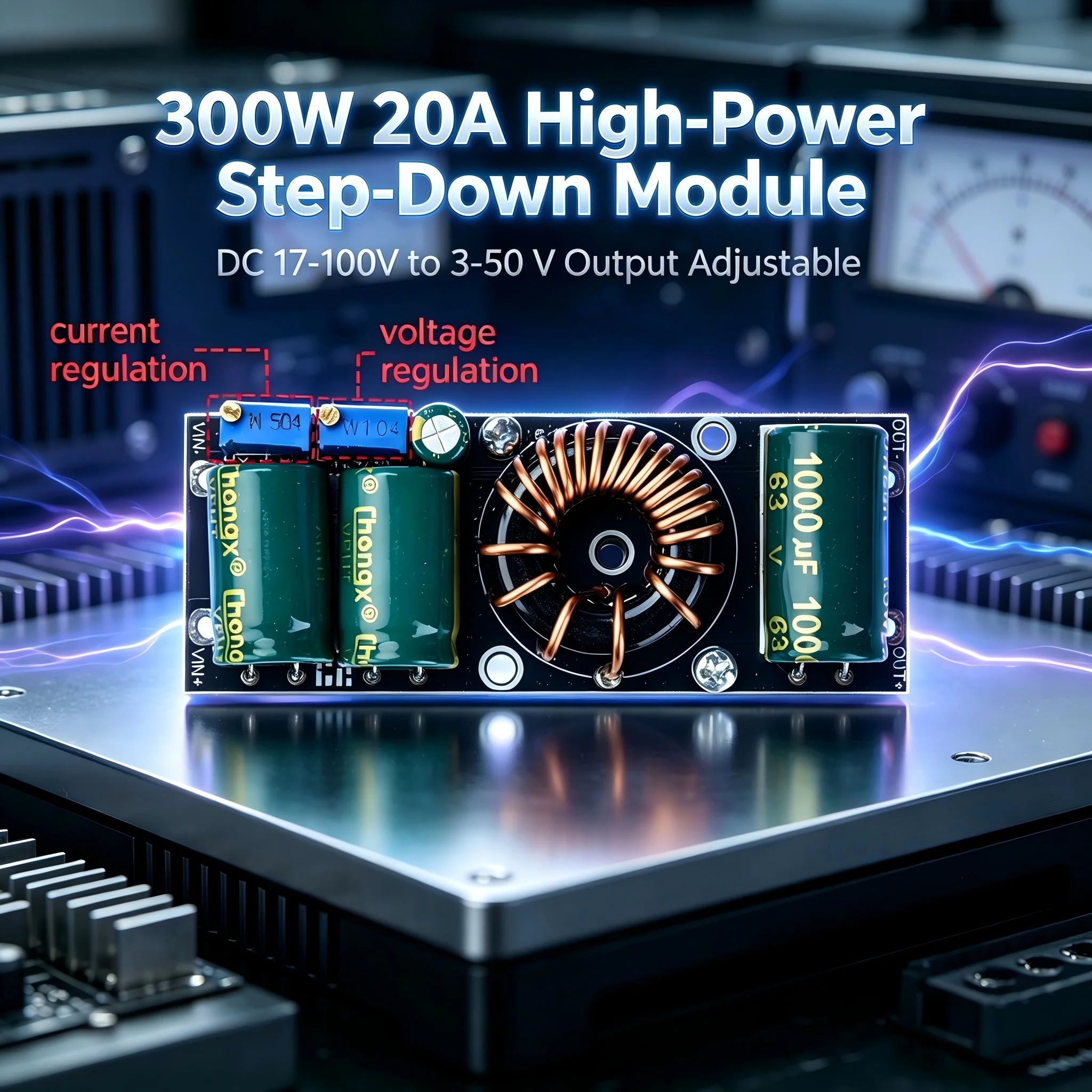 20A 300W Step-Down Buck Module DC 17-100V to 3-50V Output Adjustable Constant Voltage & Current for Industrial LED Motor Drive