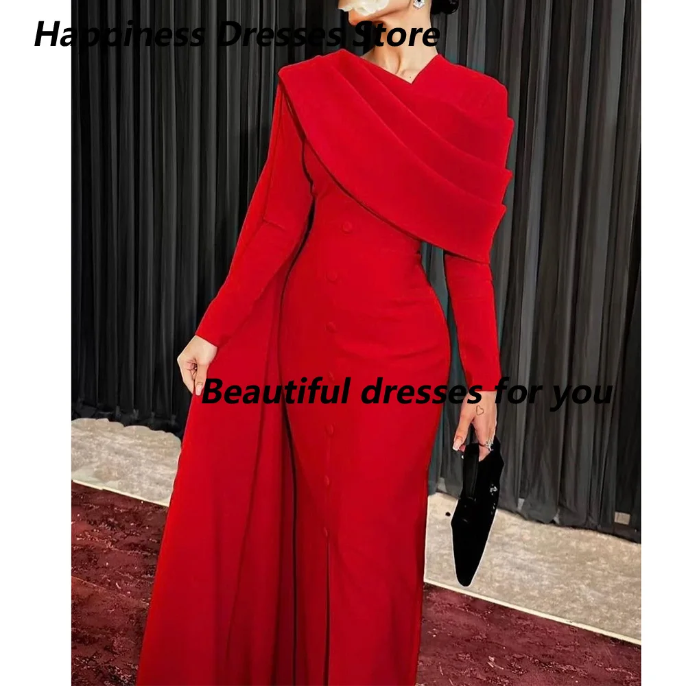 

Customized Red Mermaid Evening Dresses Long Sleeves Ankle Length Pleated Formal Occasion Dress Prom Dresses for Wedding Party