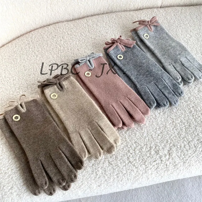 

100% Cashmere Knitted Bow Gloves Women'S Winter Warm Thin Section Driving Wool Five Fingers Split Finger Tide Cute