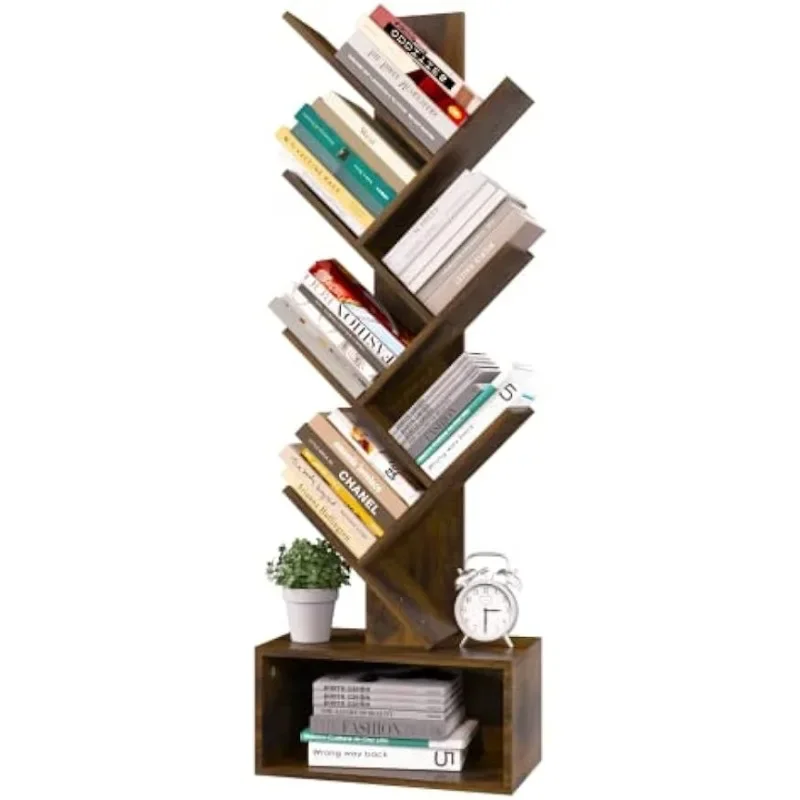 

Bookshelf - 6 Shelf Retro Floor Standing Bookcase, Tall Wood Book Storage Rack for CDs/Movies/Books, Utility