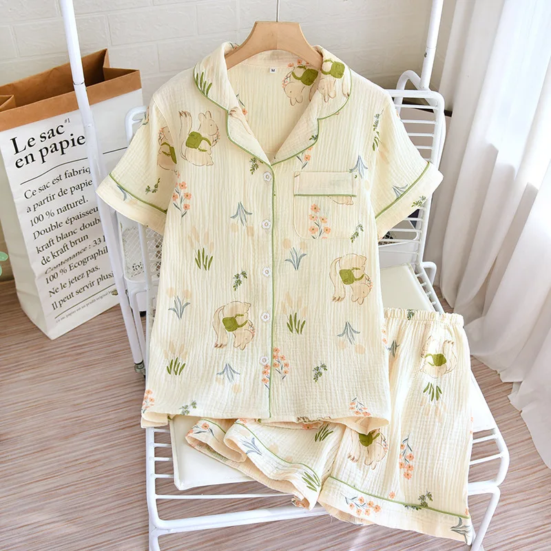 Pyjama japonais d\'été à manches courtes pour femmes, ensemble deux pièces en crêpe de coton, vêtements mignons et frais pour la maison, ample,