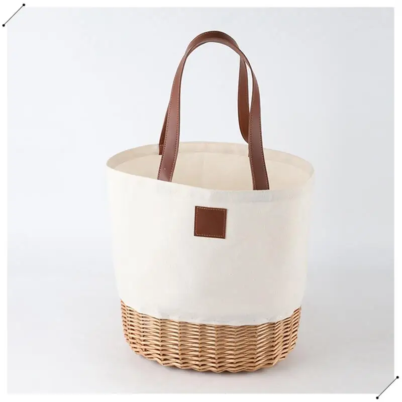 Picnic Basket,Picnic Tote Bag,Sturdy Woven Base & Canvas Beach Tote Bag