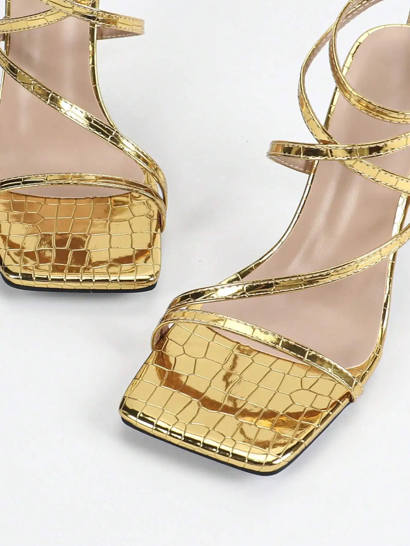 

Gold Square Toe Strappy High Heel Sandals For Wedding Party Dress