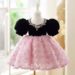 New Girls Elegant Evening Princess Ball Gown Children Cute Bow Beading Puff Sleeve Design Birthday Party Wedding Dress y1239