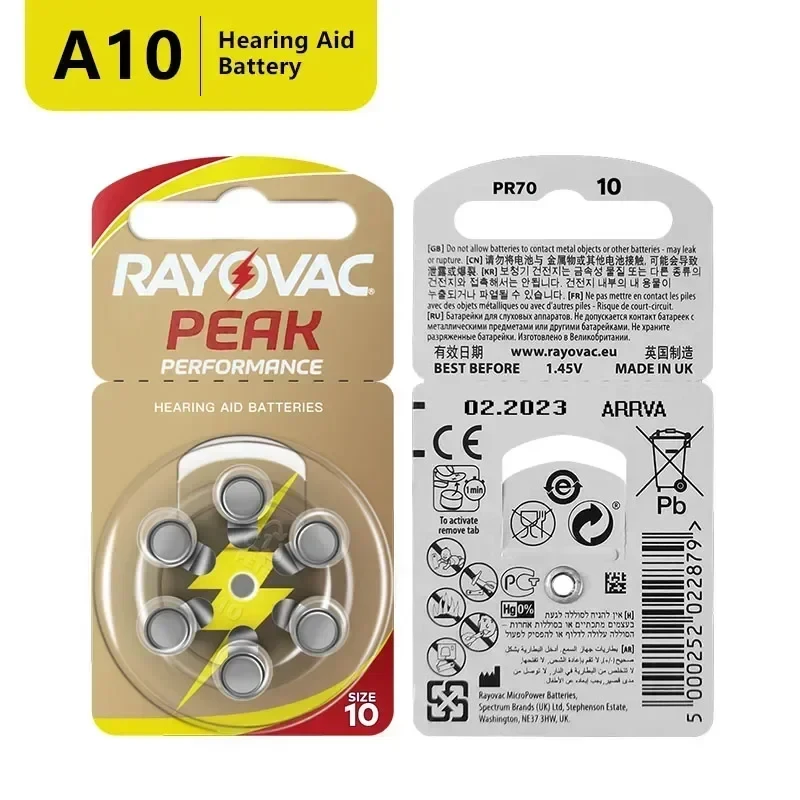 6-60PCS Rayovac Extra A10 A 10 Zinc Air Hearing Aid Battery Compatible with 10 10A PR70 for Hearing Amplifier Devices